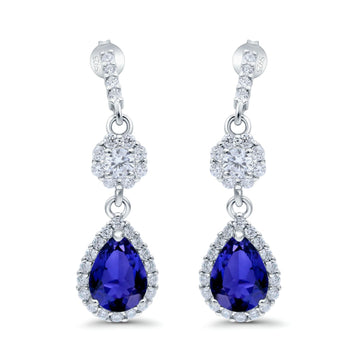 Halo Dangle & Drop Earrings Pear Simulated Blue Sapphire CZ 925 Sterling Silver